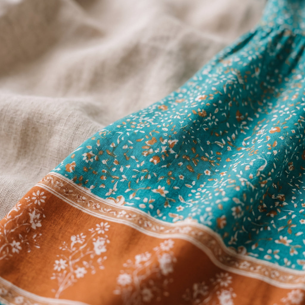 Close-up of the turquoise floral print and terracotta border