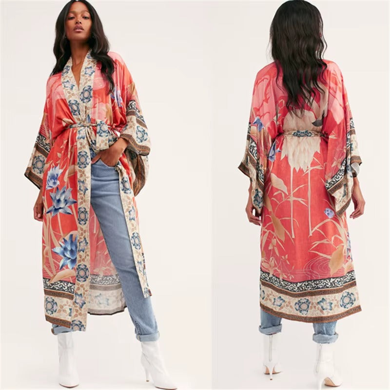 Long Floral Print Boho Kimono