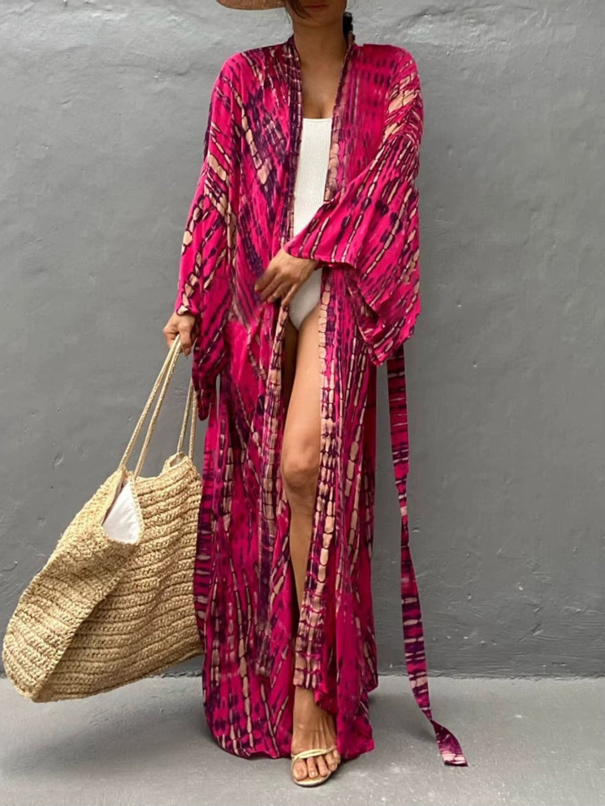 Fuchsia Tie-Dye Long Boho Kimono