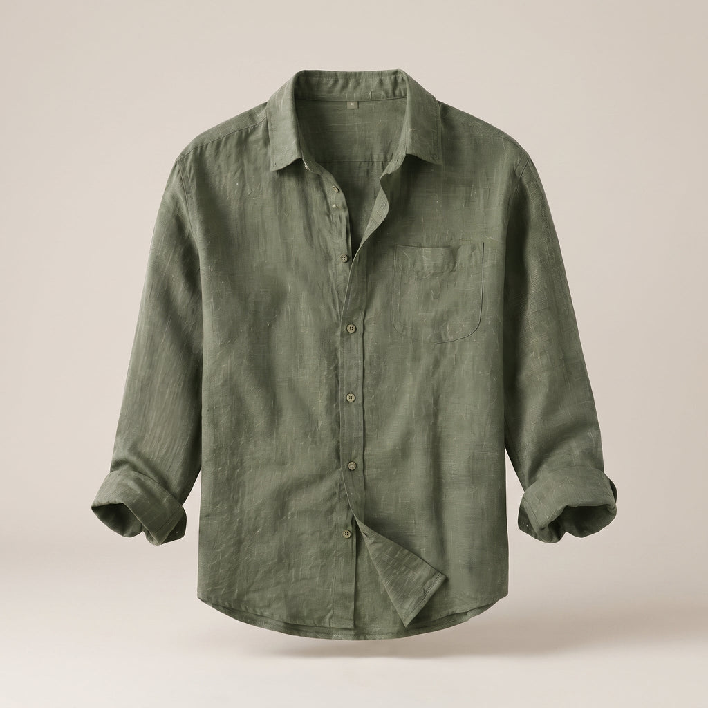 Khaki linen shirt on an invisible mannequin, oversized cut, studio background