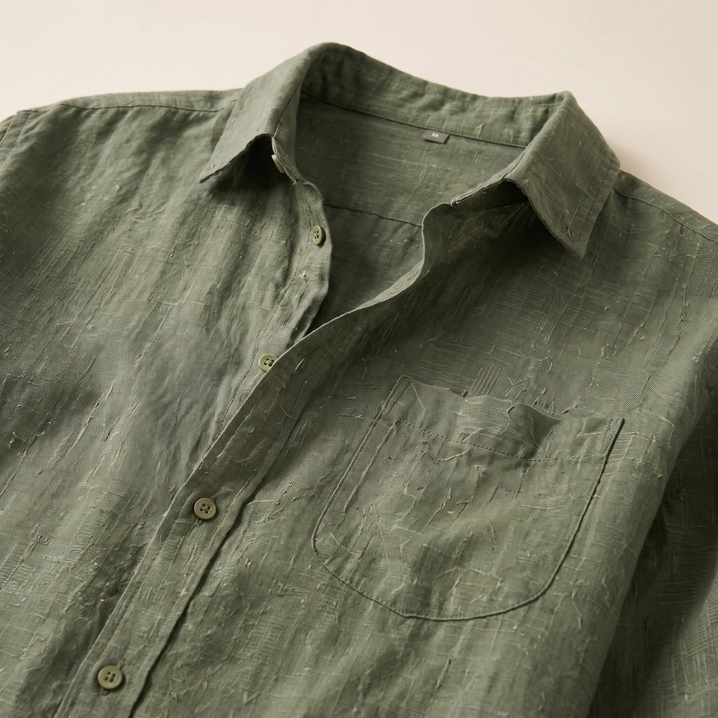 Close-up of crumpled khaki linen fabric, open collar and buttons