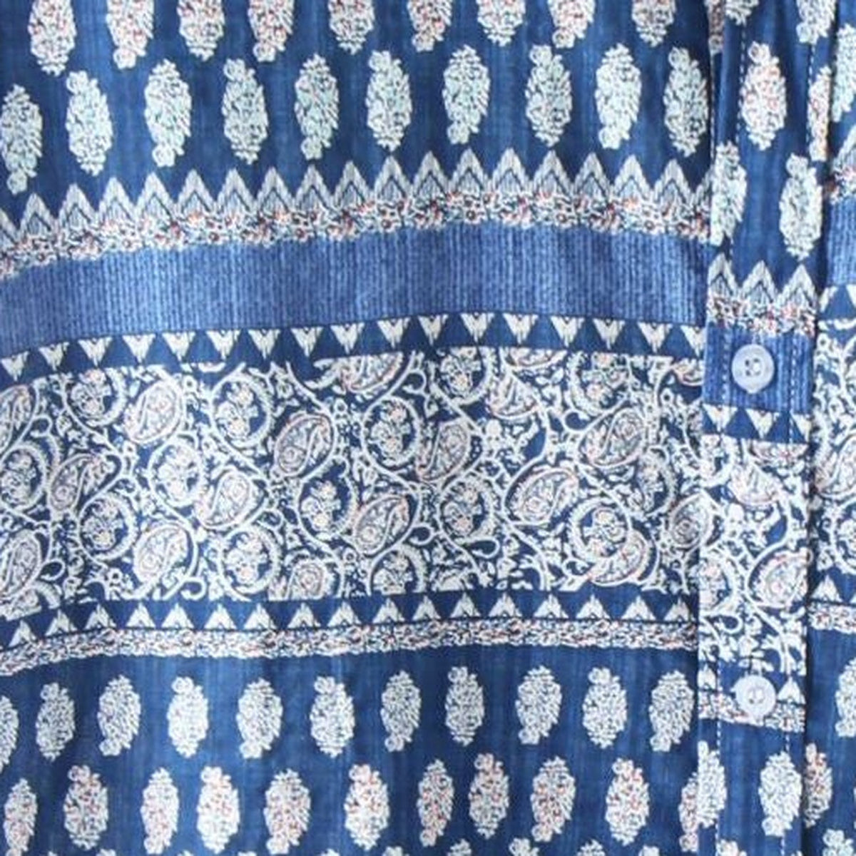 Close-up of the blue and white paisley Indian block print