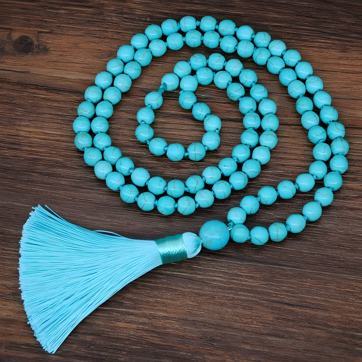 Long turquoise hippie necklace with mala beads and tassel