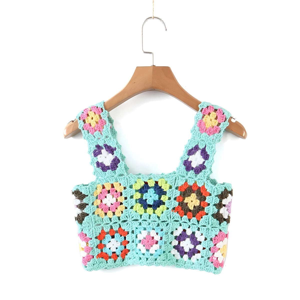 Aqua crochet crop top with multicolor flowers, front view on hanger