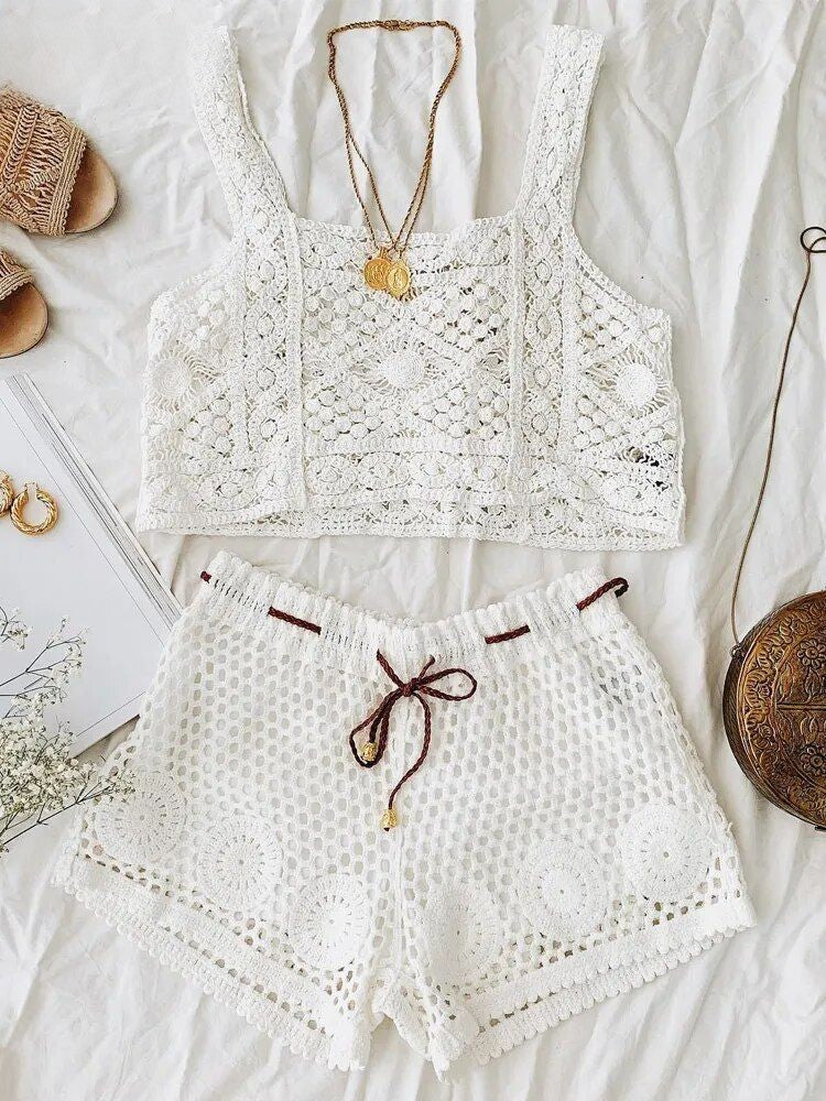 Boho Shorts aus Häkelspitze, High Waist