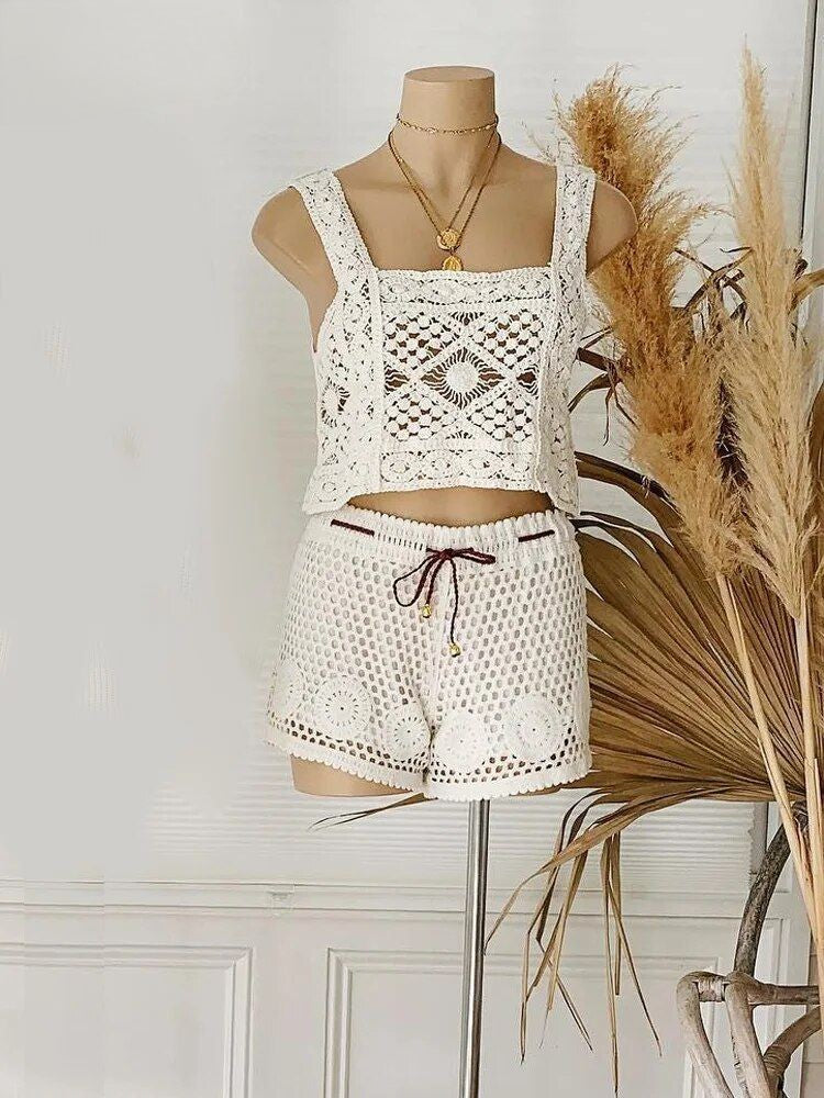 Boho Shorts aus Häkelspitze, High Waist