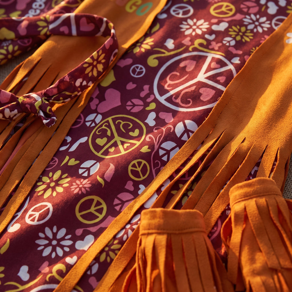 Primer plano del chaleco de flecos naranja y el estampado de la paz