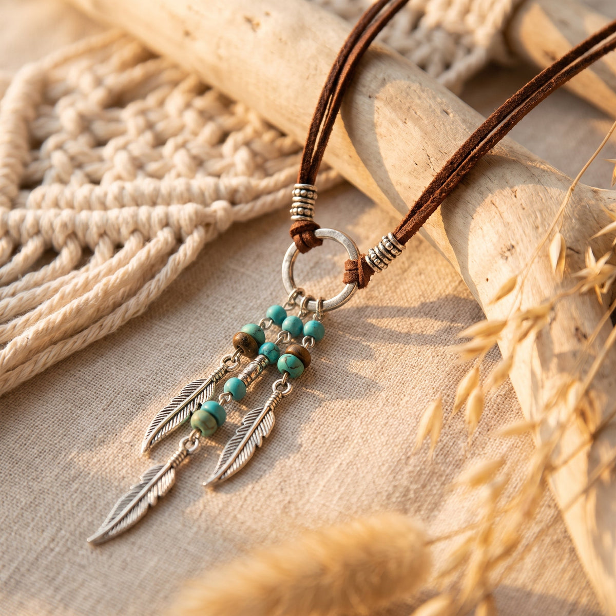 Close-up of the feathers and blue beads on the cord