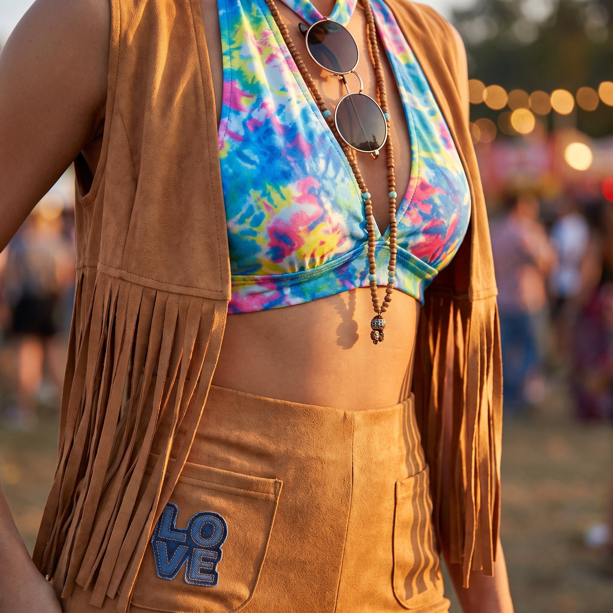 Close-up of the long camel fringe on the vest