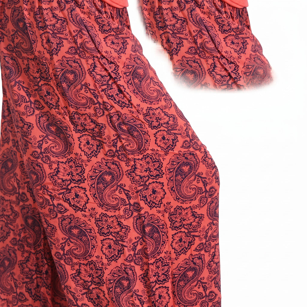 Close-up of the red paisley print on the harem pants