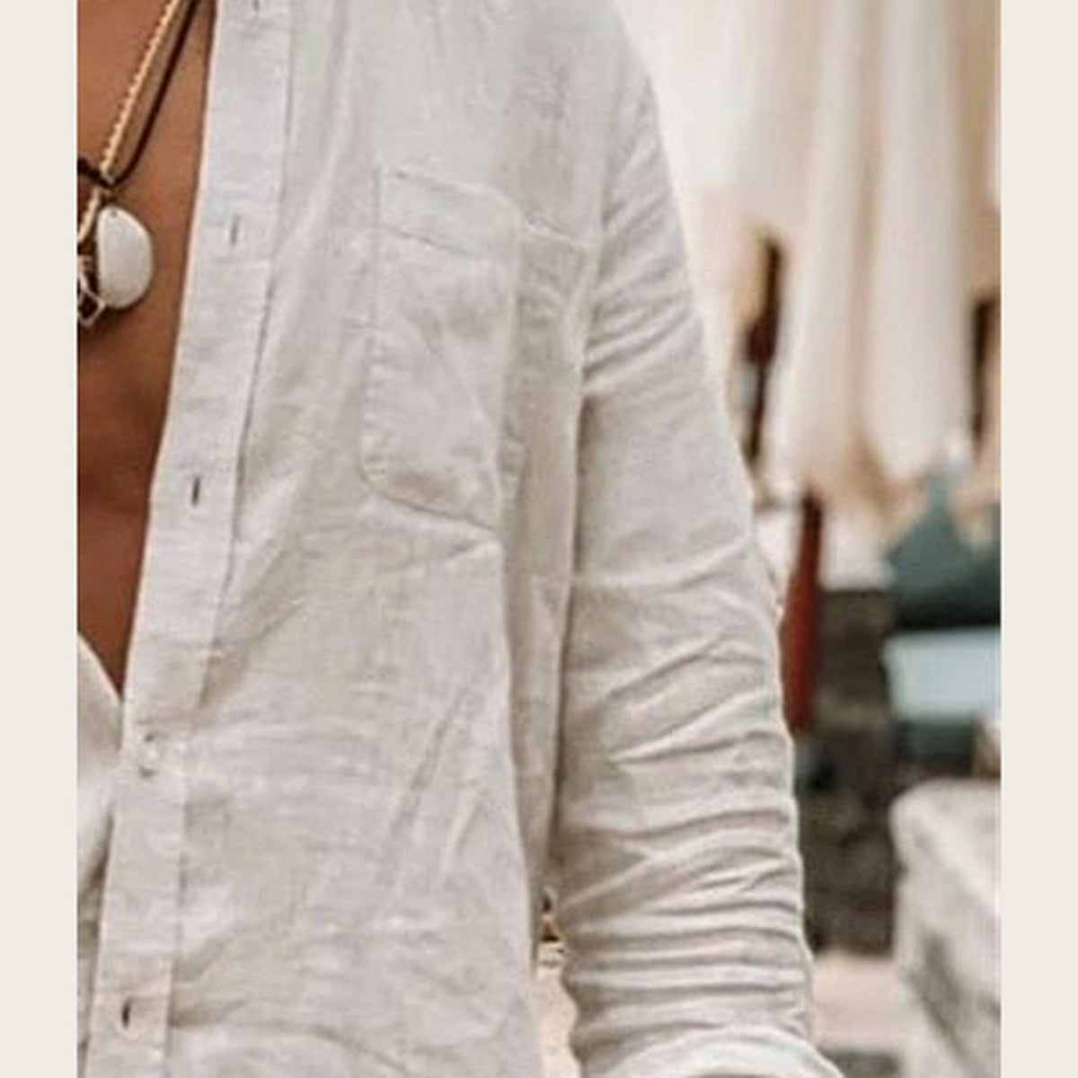 Close-up of crumpled linen and the chest pocket on the shirt