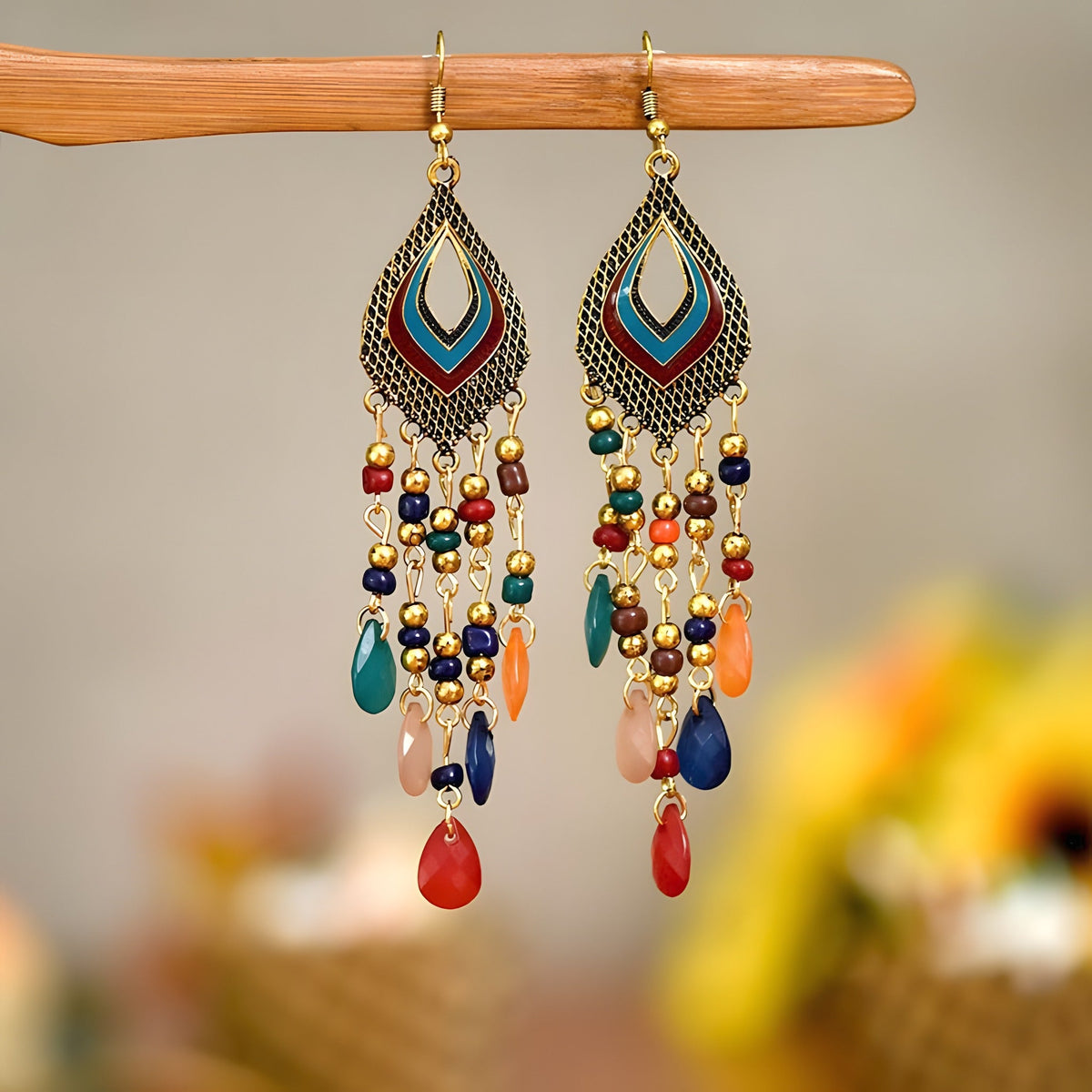 Multicolor beaded fringe drop earrings with small colorful drops