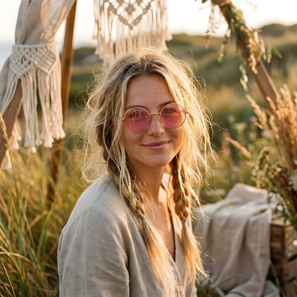 Smiling model wearing round hippie sunglasses with gold frame in an alley