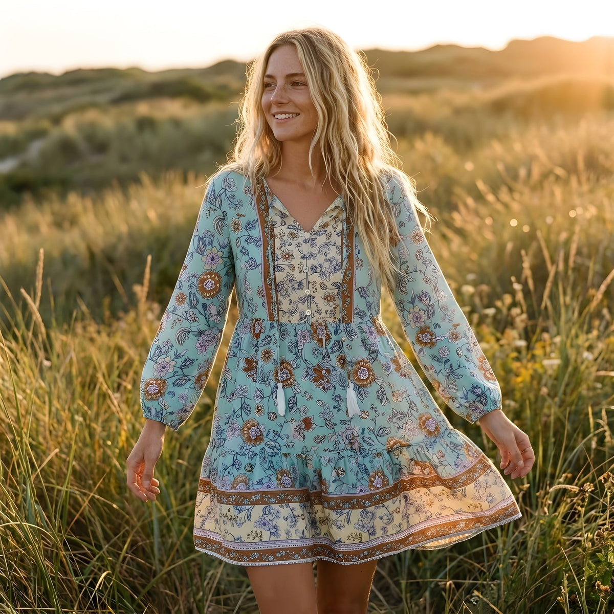 Smiling model in the turquoise floral hippie dress with V-neck and long sleeves
