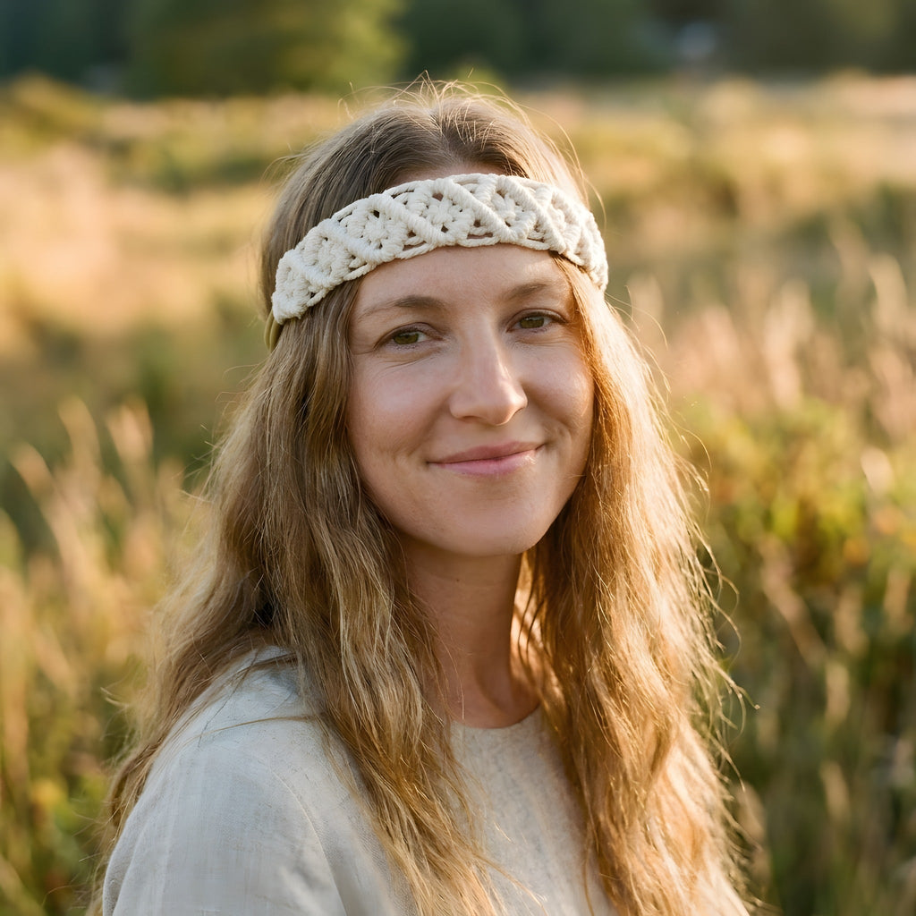 Ecrufarbenes Makramee Hippie Stirnband auf der Stirn in einem Feld getragen