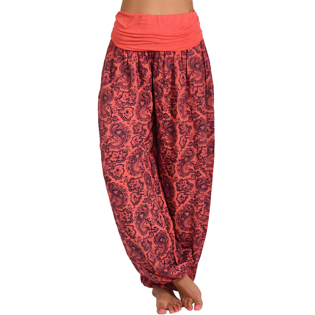 Red paisley cotton harem pants seen from the front