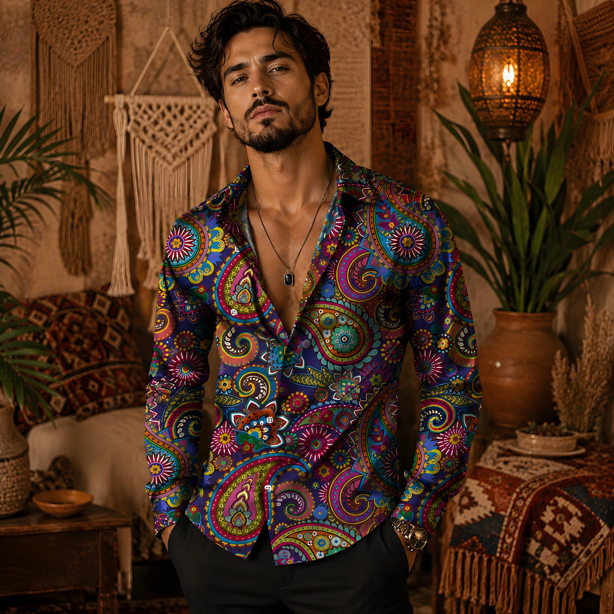 Man wearing the purple paisley psychedelic hippie shirt