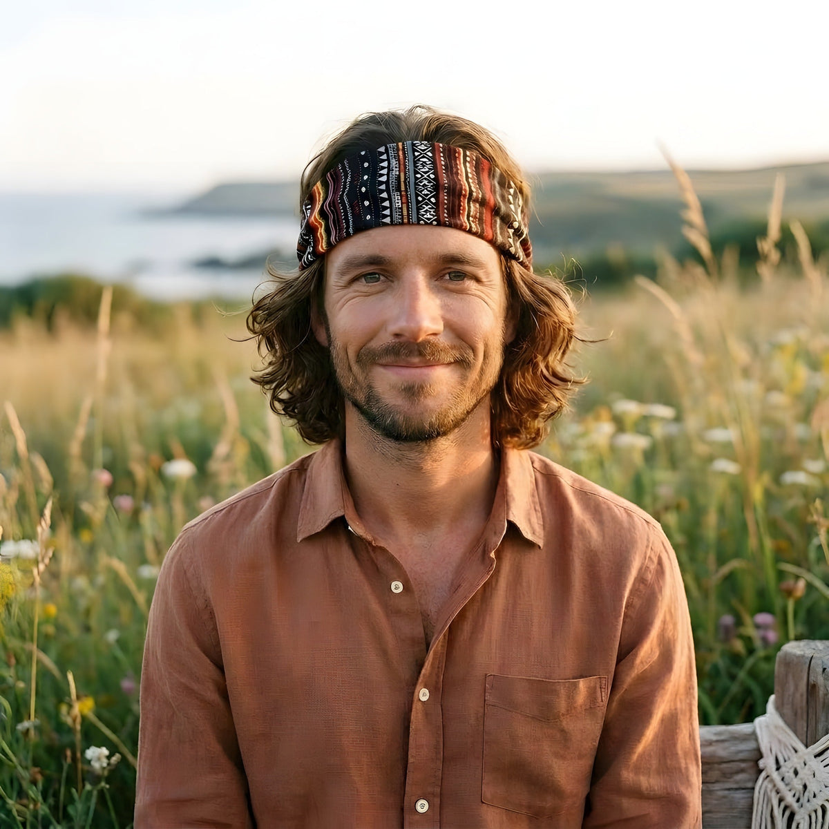 Smiling man wearing a black boho print hippie headband in a seaside flower field