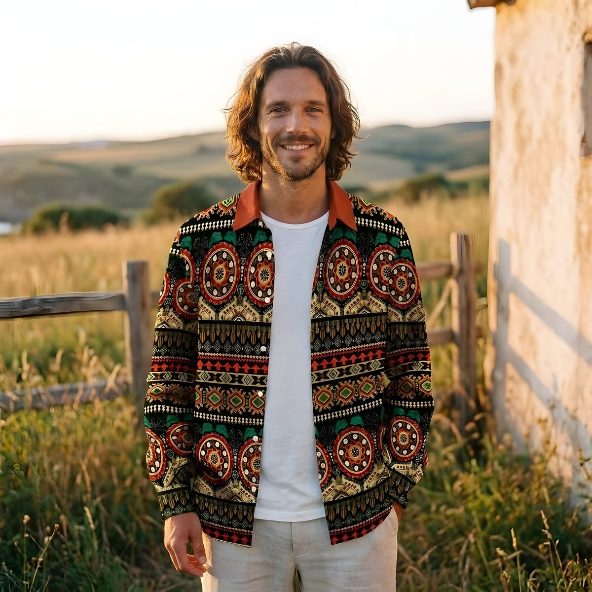 Mens hippie shirt with mandala print worn by a smiling model