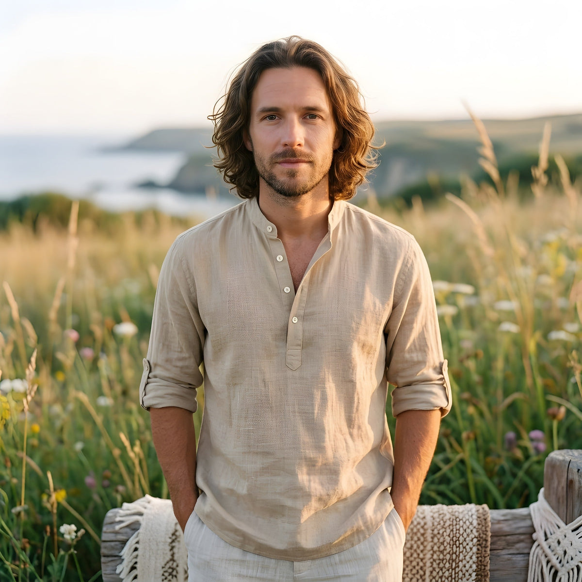 Hippie Outfit for Men – Linen Mandarin Collar Shirt
