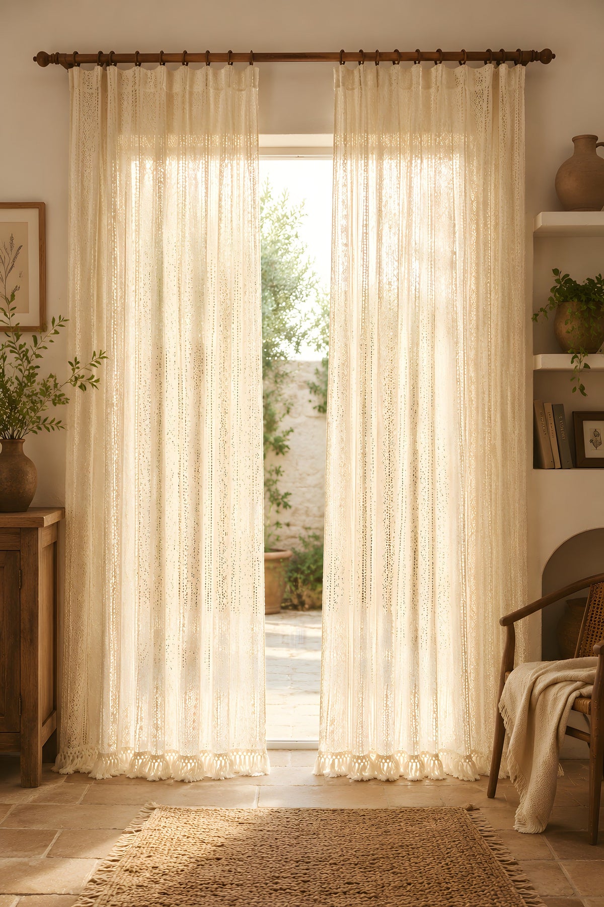 Crochet Boho Curtains, Sheer Light-Filtering Panel