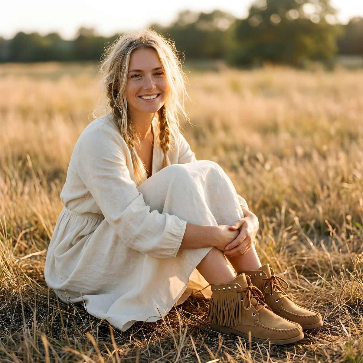 Lachend model draagt camelkleurige boho laarzen met franjes in een goudkleurig veld