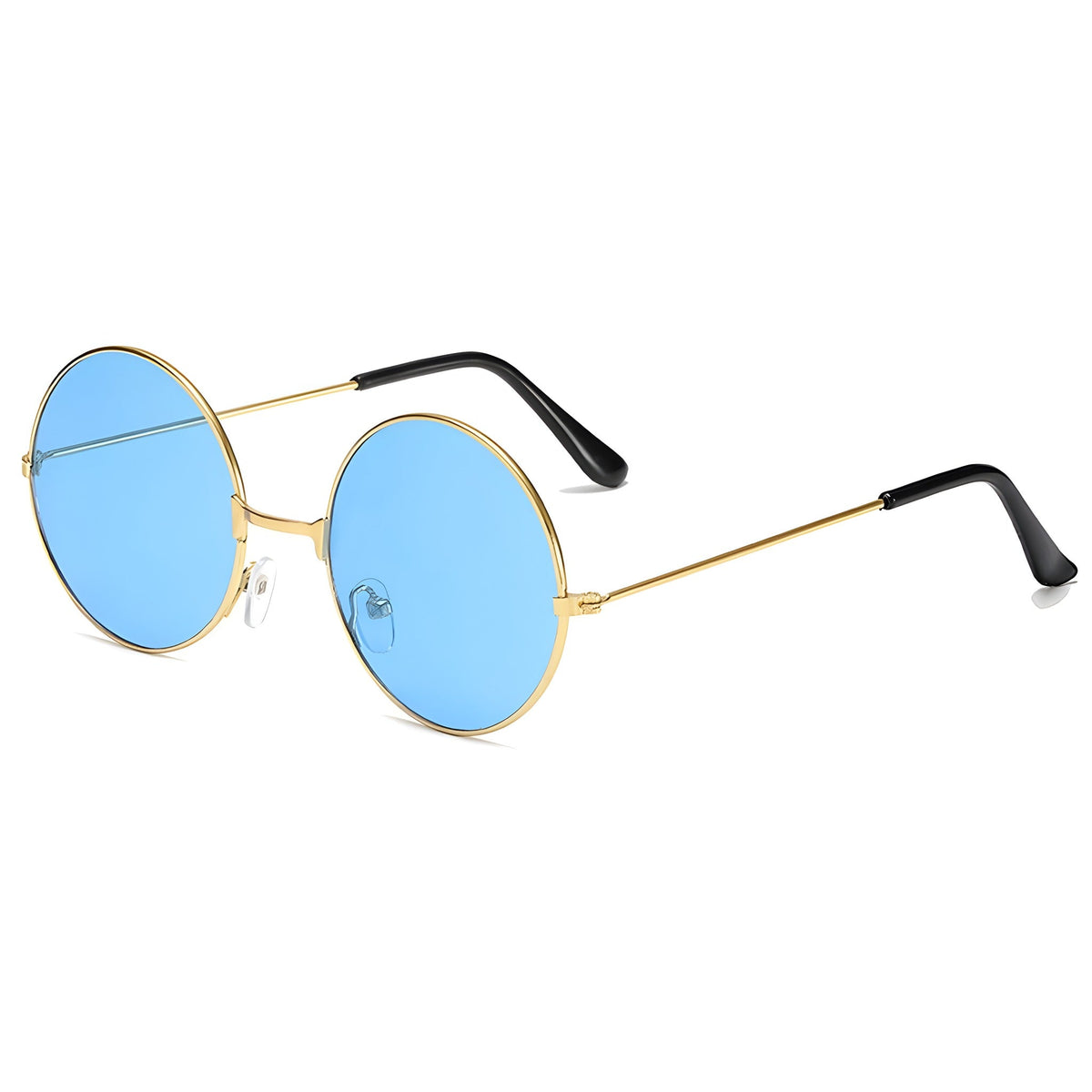 Runde Hippie Sonnenbrille mit goldenem Rahmen und blau getönten Gläsern