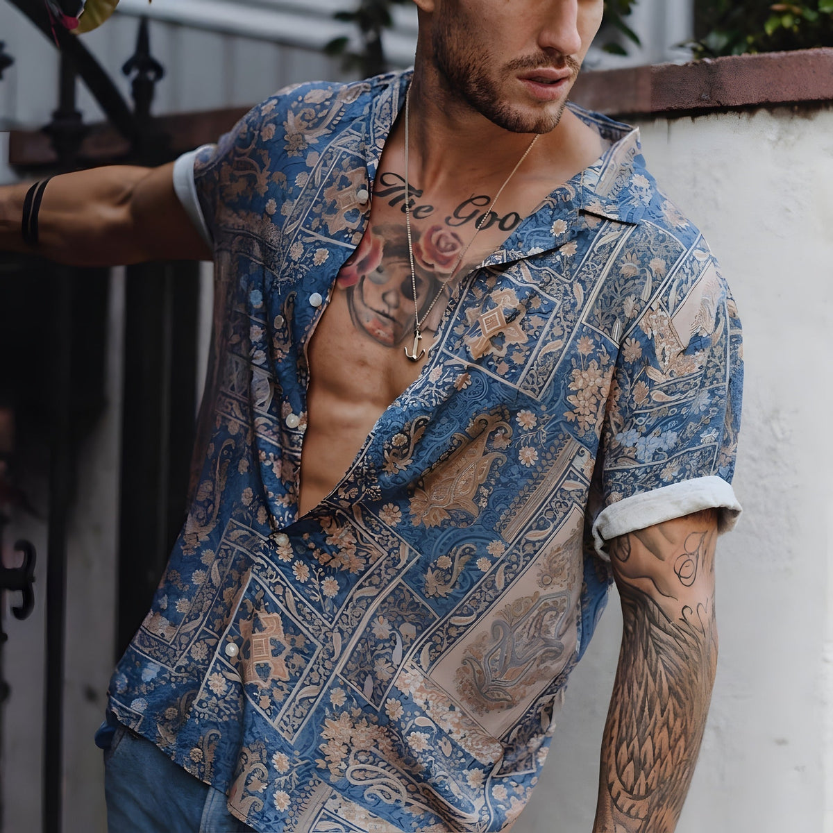 Mens Hippie Shirt · Bandana Print Camp Collar