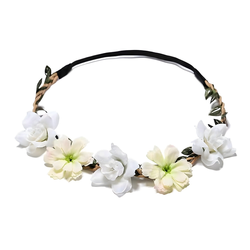 Couronne de fleurs blanches et son élastique, vue d'ensemble