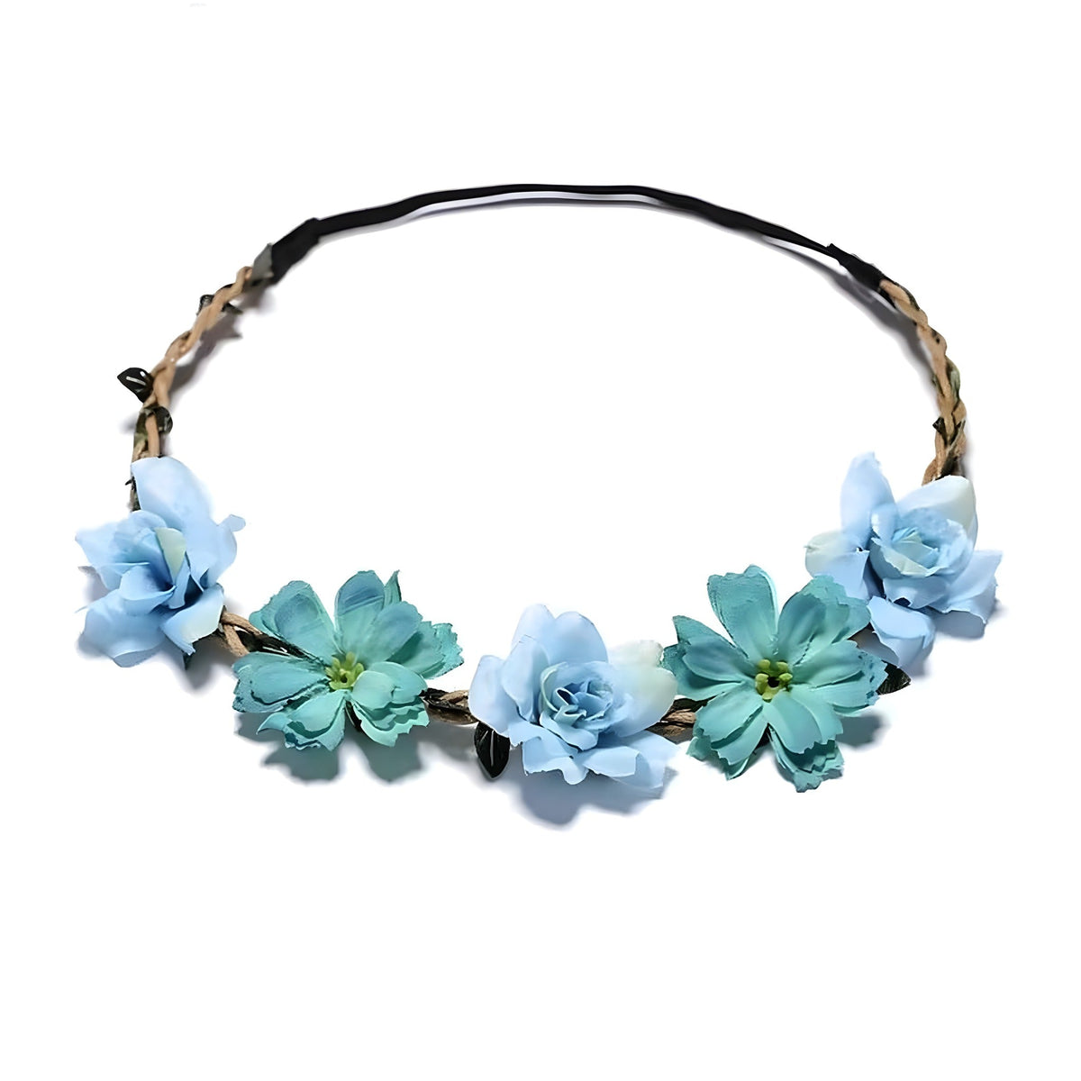 Couronne de fleurs bleues et son élastique, vue d'ensemble