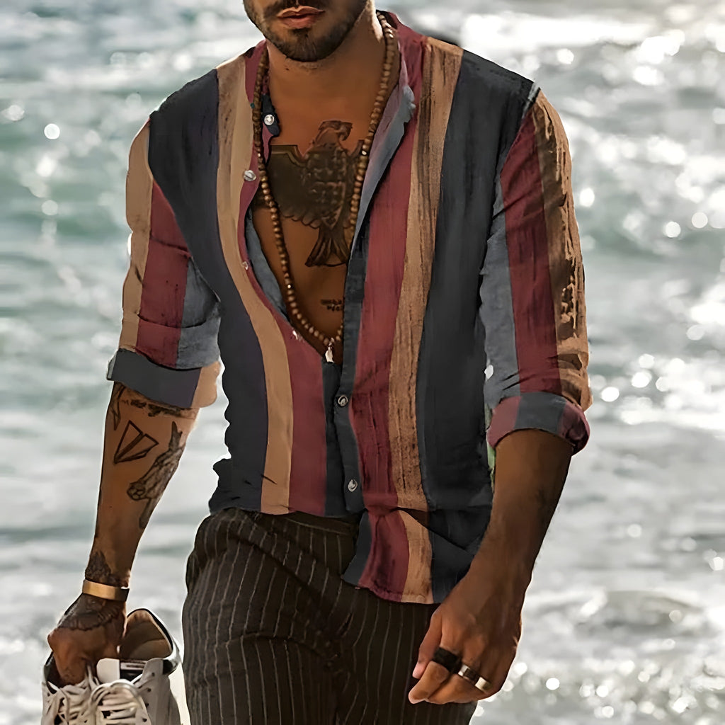 Boho Skjorte til Mænd – Lodrette Striber, Mandarinkrave
