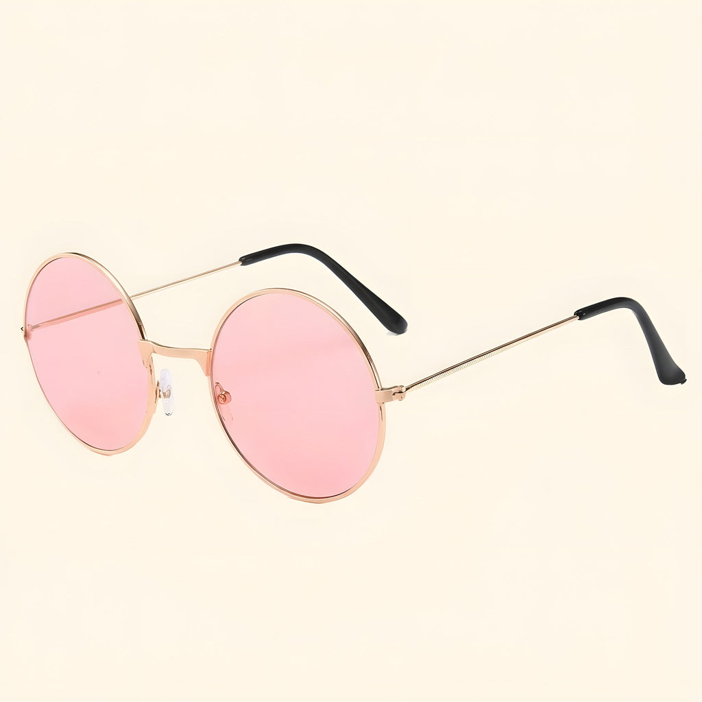 Round gold frame sunglasses with pink tinted lenses