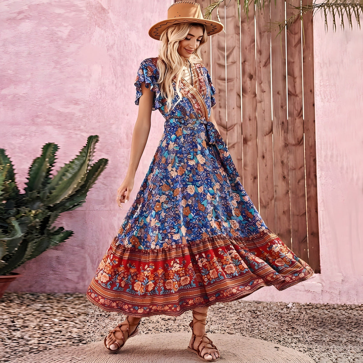 Floral Wrap Maxi Hippie Dress
