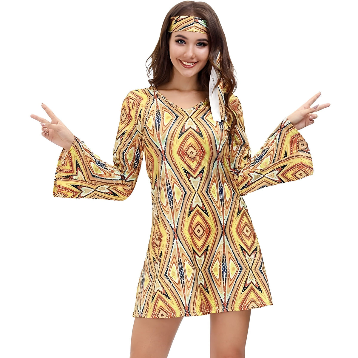 Yellow retro diamond print costume dress with matching headband