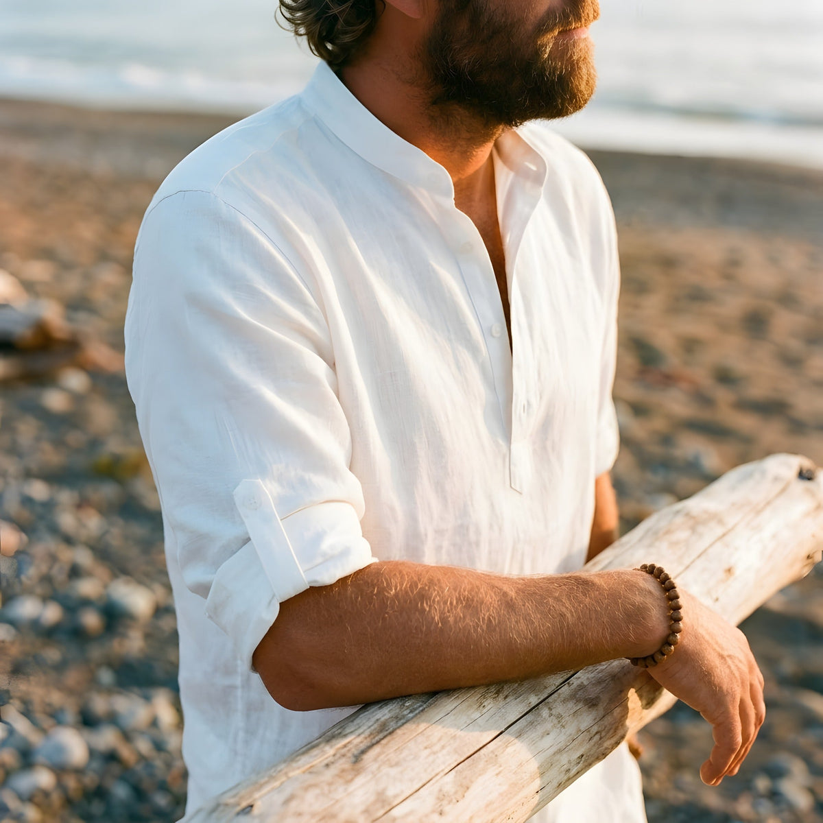 Detail of the grandad collar open on the chest