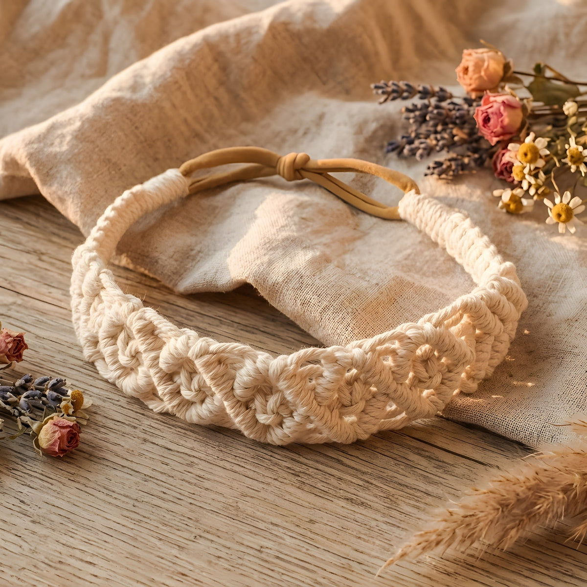 Bandeau hippie en macramé écru posé sur du lin avec des fleurs séchées