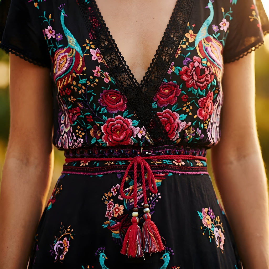 Boho Outfit – Sort Blomsterkjole med Blonde V-hals