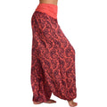 Red paisley harem pants, side view of the drape