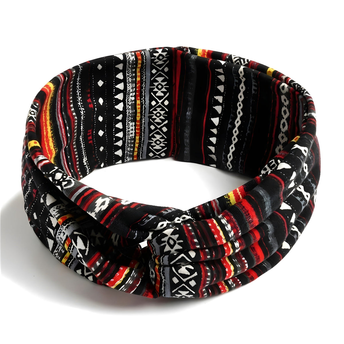 Black boho print headband with crossed knot on white background