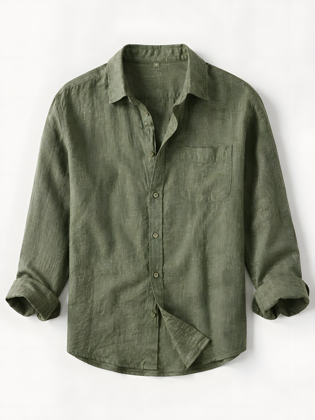 Khaki linen shirt laid flat with chest pocket and matching buttons