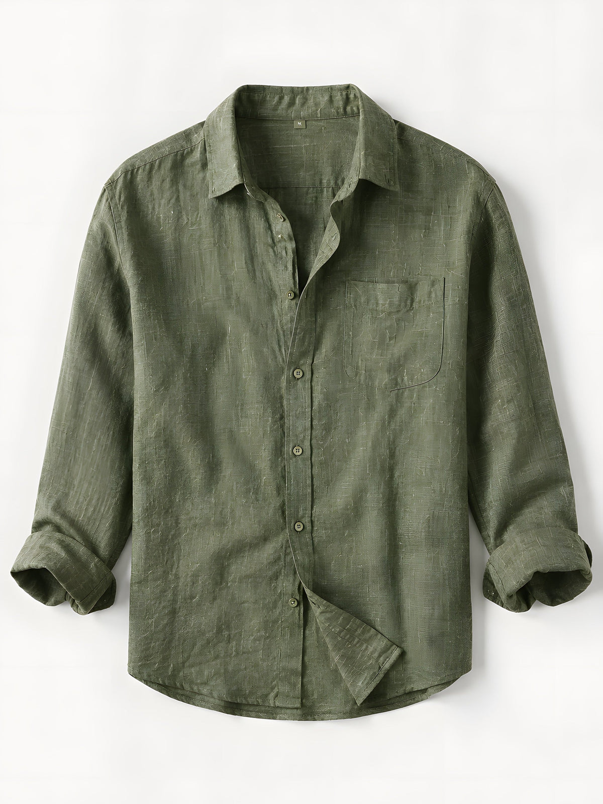Khaki linen shirt laid flat with chest pocket and matching buttons