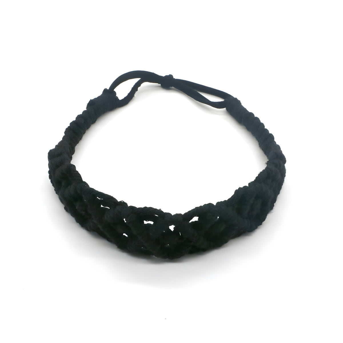 Black macrame headband with its elastic band, full view