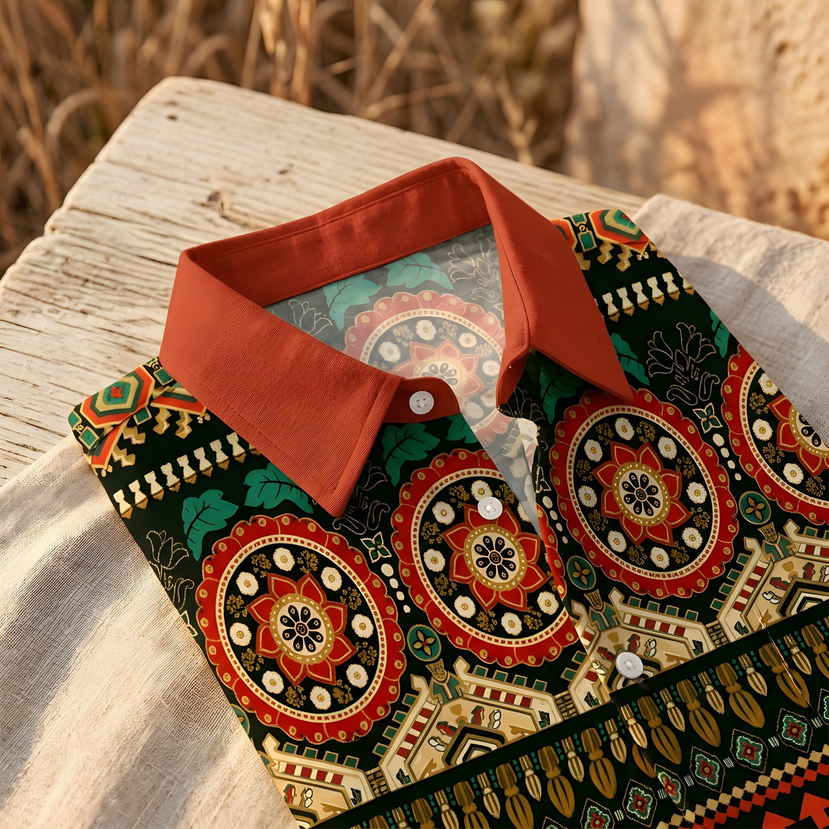 Folded mens hippie shirt showing the terracotta collar and print