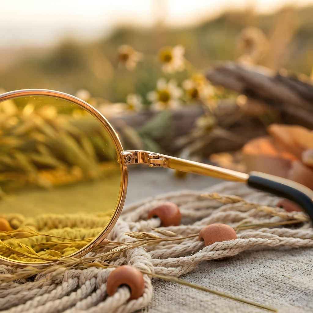 Model wearing the round hippie sunglasses with gold metal frame