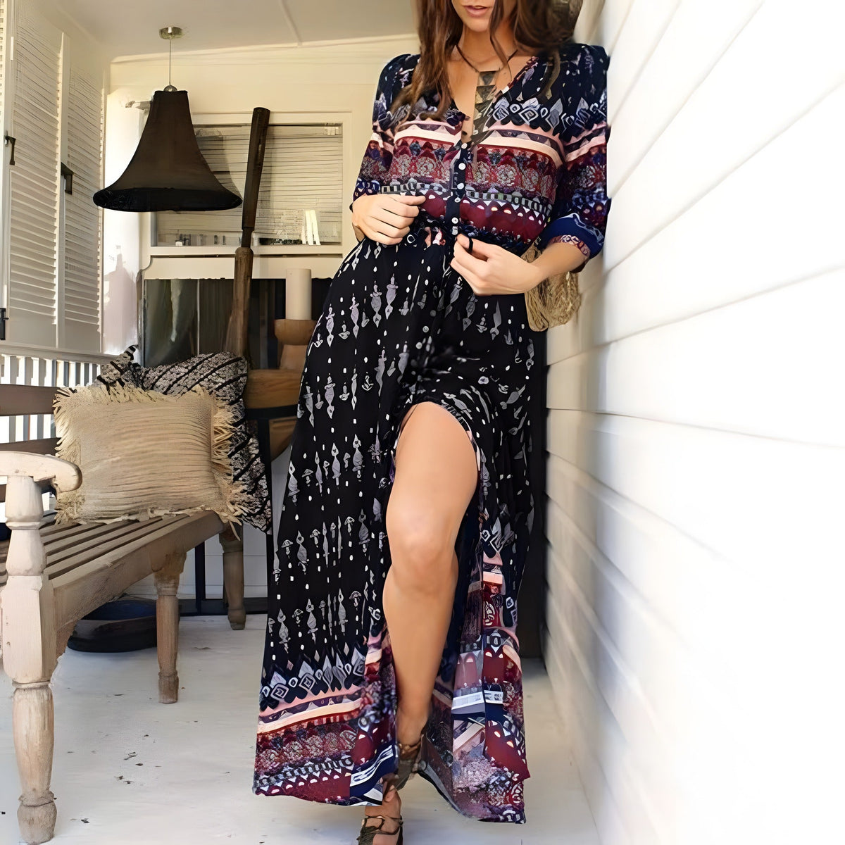 Black boho maxi dress with buttoned V-neck and leg slit