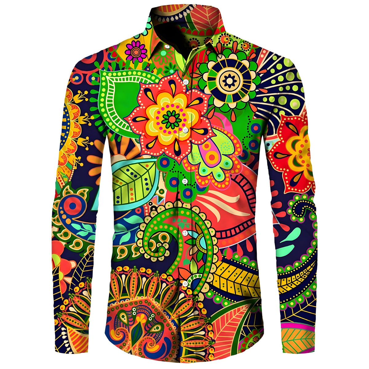 Mandala floral shirt on a navy background with long sleeves