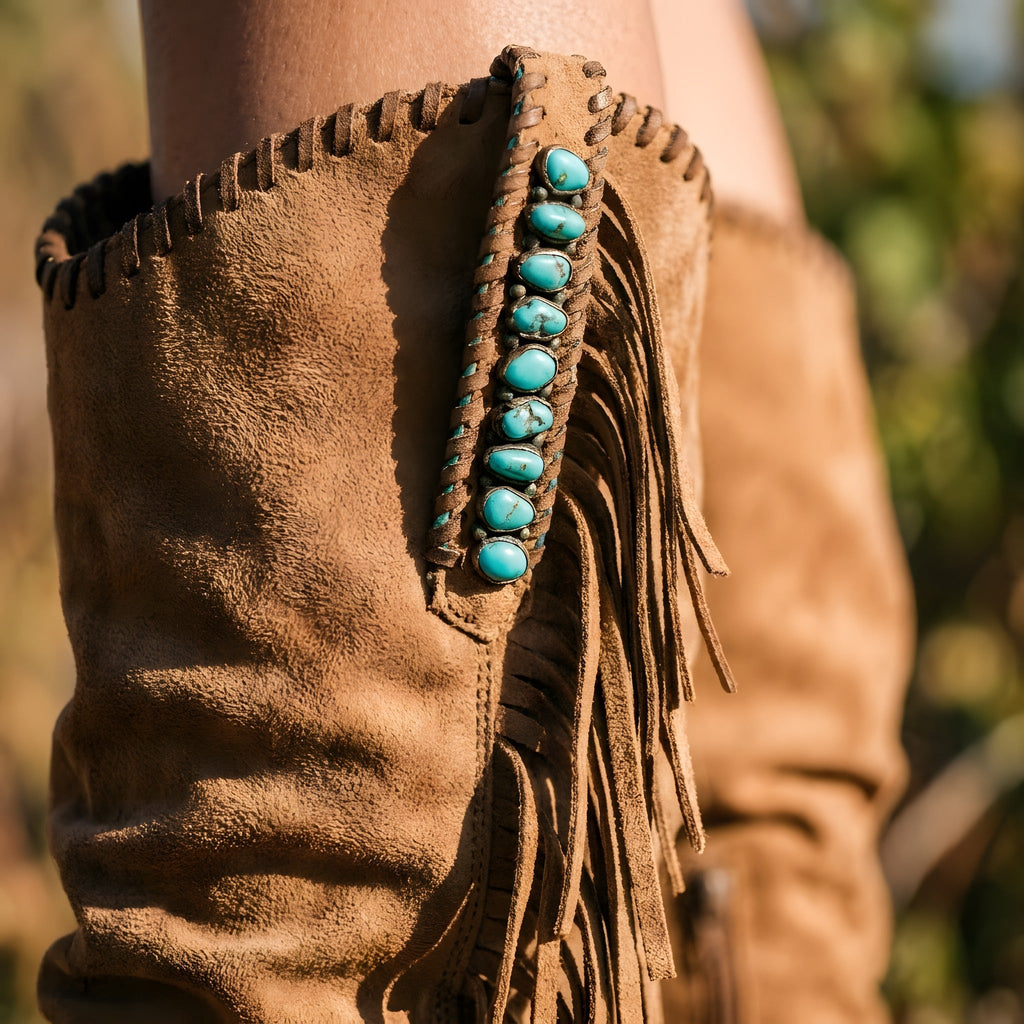 Close-up of the turquoise stone band and long fringe on the boot
