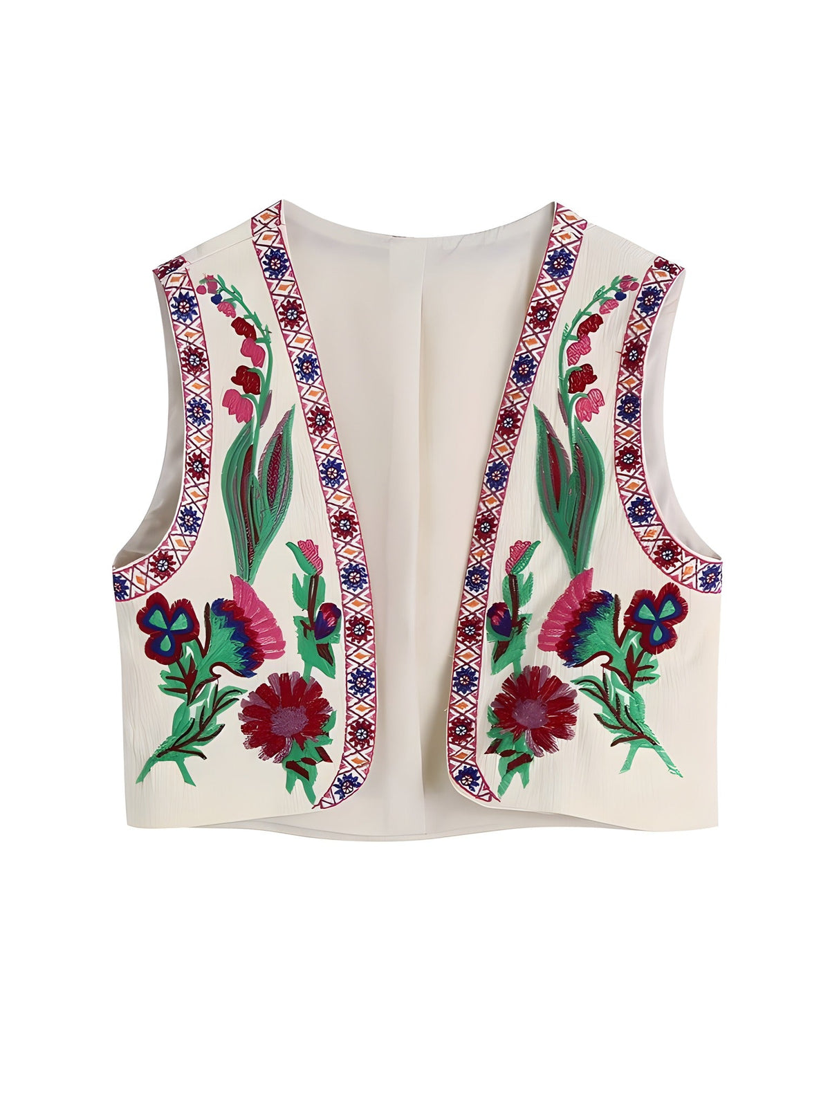 Pink floral embroidered boho vest shown on a ghost mannequin