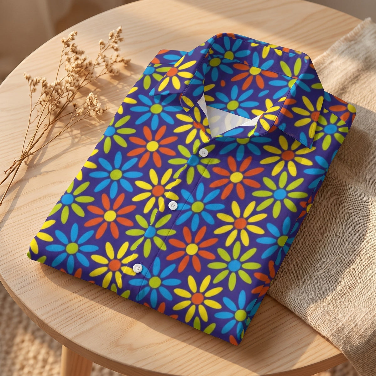 Folded floral hippie shirt, close-up of retro daisy print