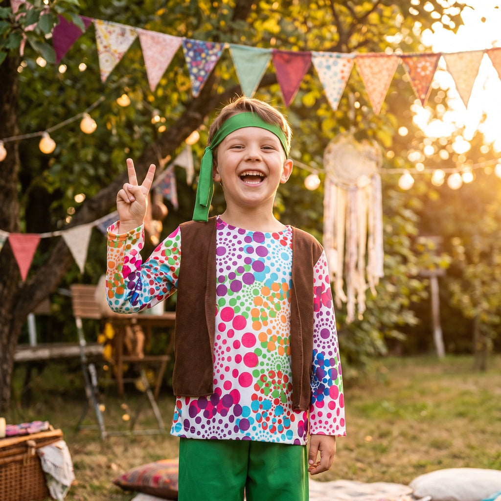 Hymyilevä pikkupoika lasten hippiasussa